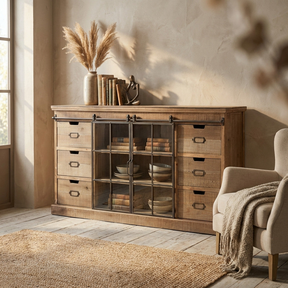 Mobile Gaston in stile industriale inserito in un salotto elegante con poltrona beige e tappeto in juta.