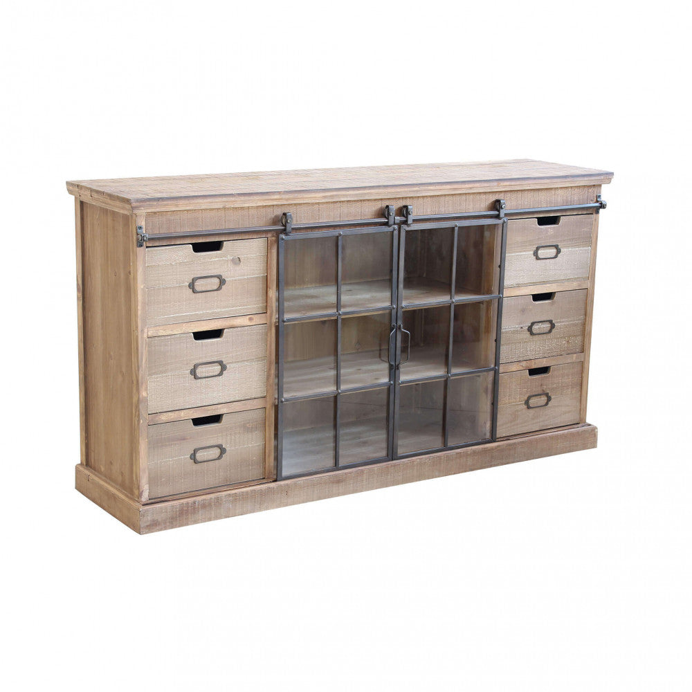Vista frontale della credenza Gaston isolata su sfondo bianco, che mostra i cassetti in legno e le ante scorrevoli in vetro.