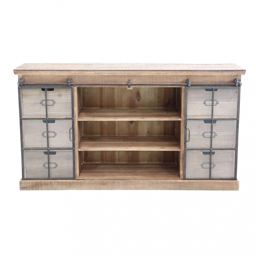 Credenza Gaston con ante scorrevoli aperte, rivelando i robusti ripiani interni in legno su sfondo bianco.