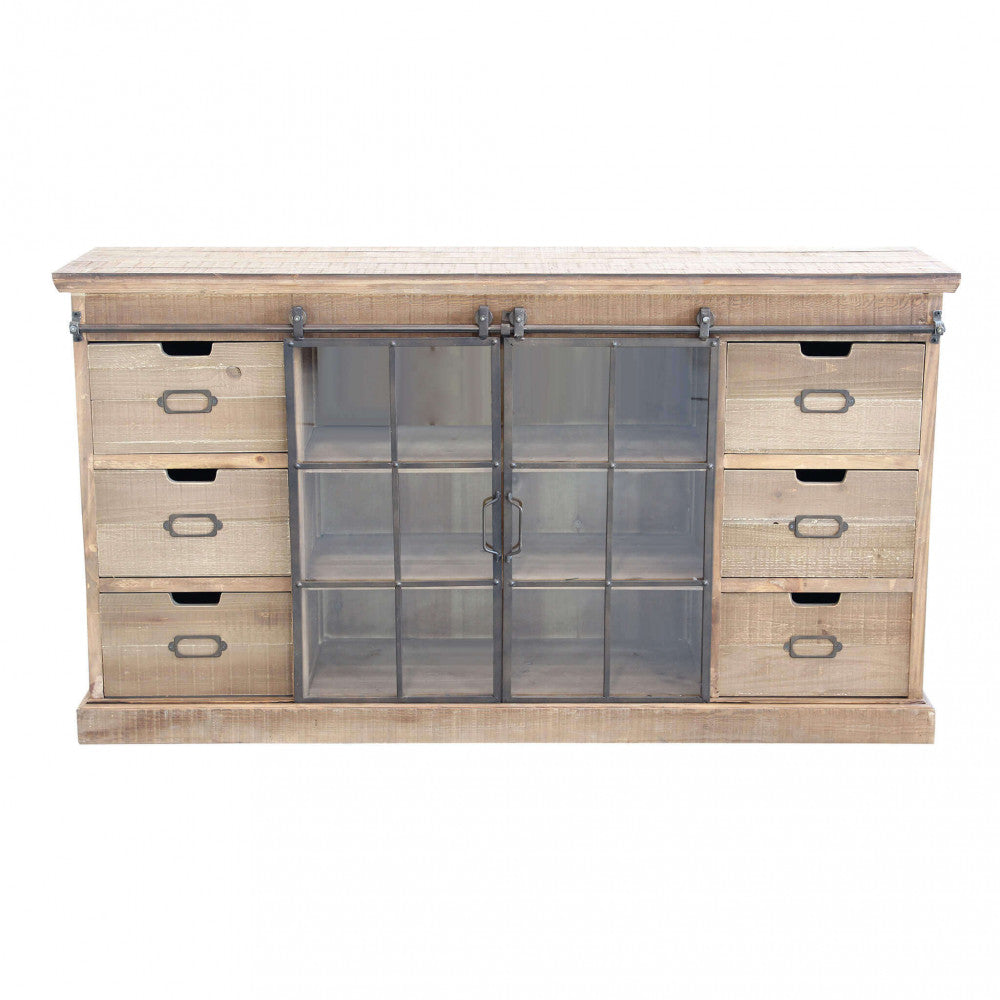 Vista frontale completa della credenza Gaston con ante chiuse, che esalta la simmetria del design industriale.