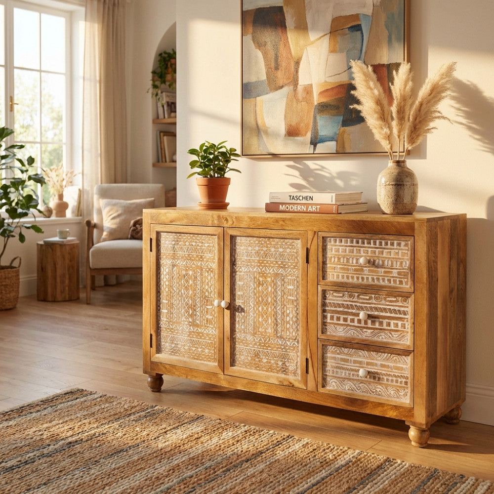 Credenza Jalen in legno di mango posizionata in un luminoso soggiorno boho chic.
