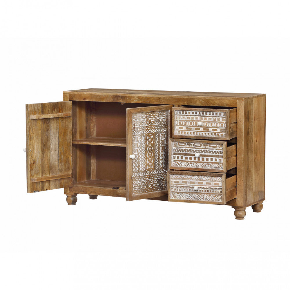 Credenza Jalen con ante e cassetti aperti, rivelando i ripiani interni spaziosi.