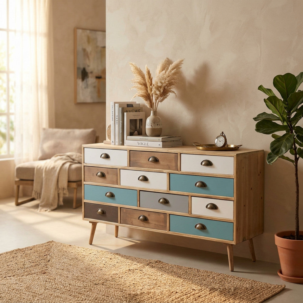 Cassettiera Cosma Jasper in legno naturale con cassetti multicolor