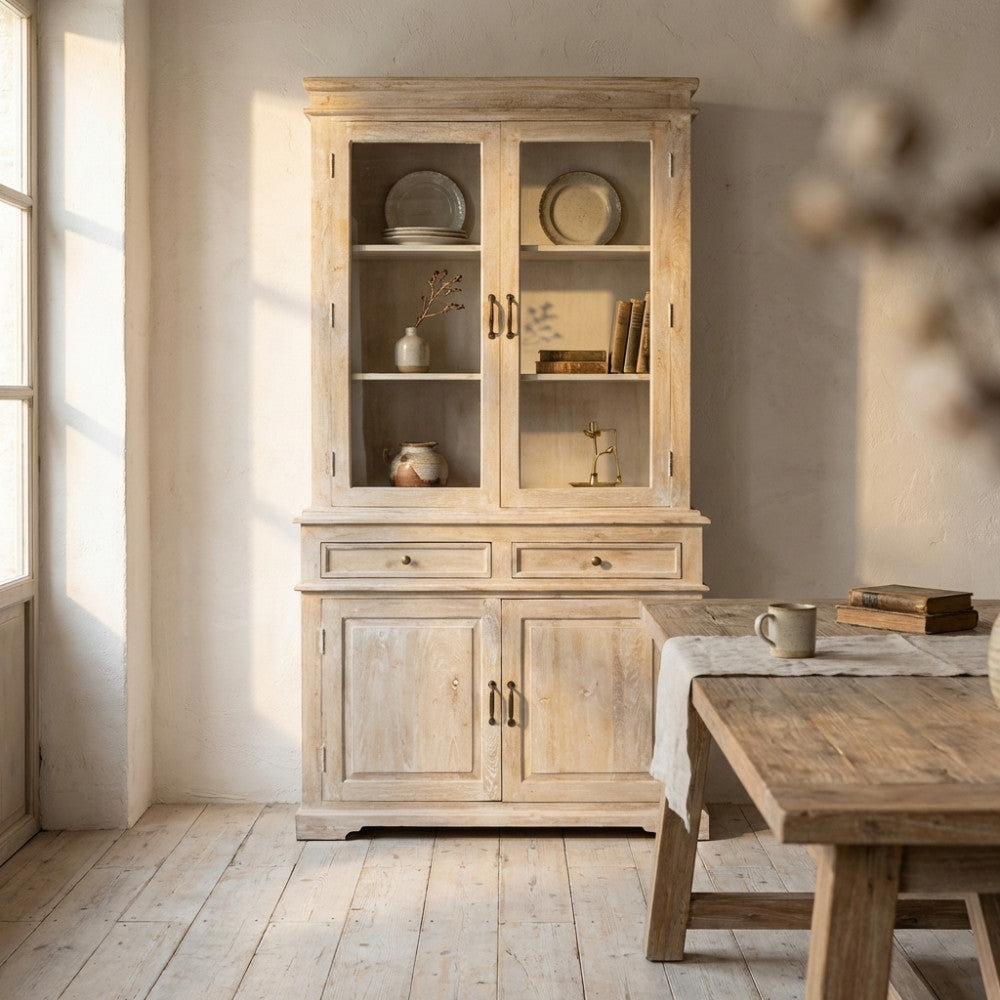 Vetrina country Lambert in legno massello e metallo, affiancata a un tavolo rustico in un interior design dai toni neutri.