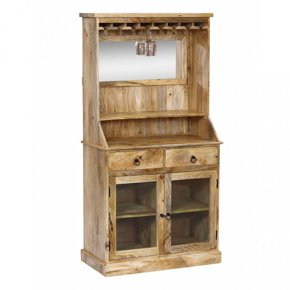 Mobile bar Lincoln isolato su sfondo bianco, che mostra cassetti, ante in vetro e specchio.