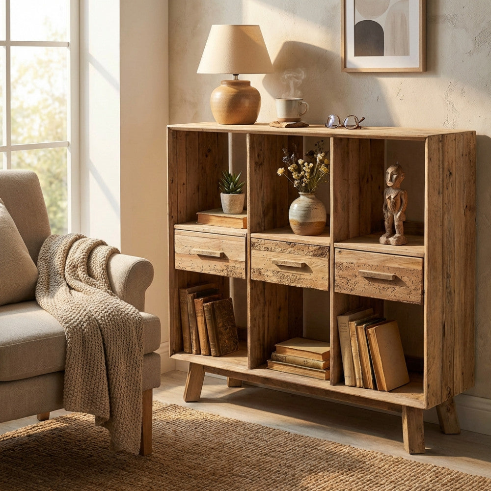 Libreria Maximillian in pino riciclato marrone ambientata in un soggiorno luminoso con poltrona beige.
