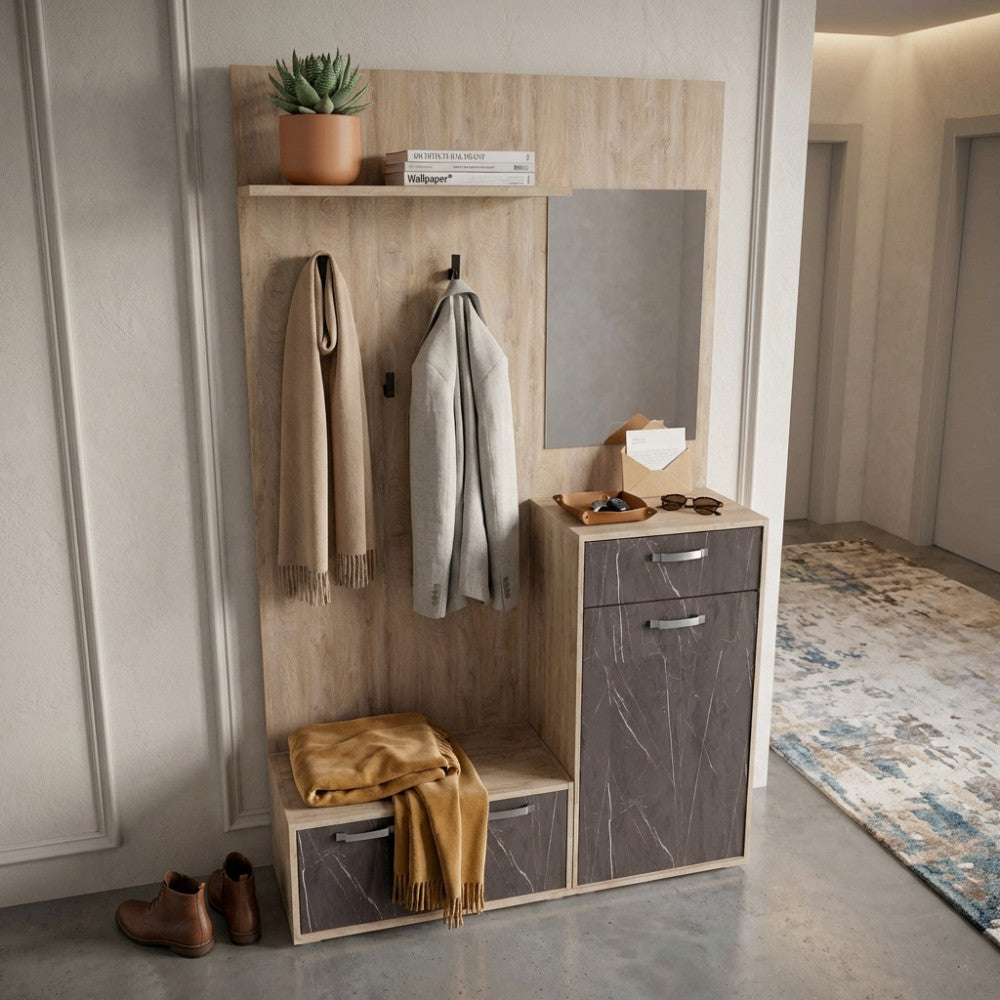 Dettaglio del mobile ingresso Smeraldo allestito con cappotti e accessori, ambientazione lifestyle.