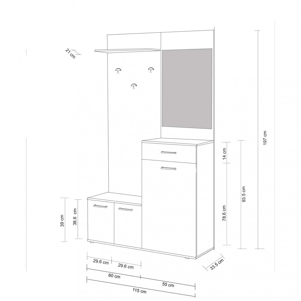 Disegno tecnico del mobile ingresso Smeraldo con quote dimensionali dettagliate in centimetri.