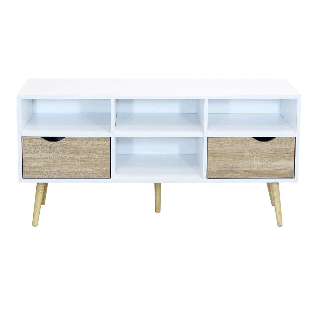 Mobile Porta TV Brody in legno con finitura bianca e dettagli marroni, ideale per un soggiorno moderno e luminoso | Albert Stock