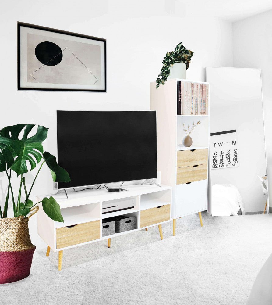 Ambientazione moderna con il porta TV Brody affiancato da una libreria coordinata e una grande pianta d'appartamento.