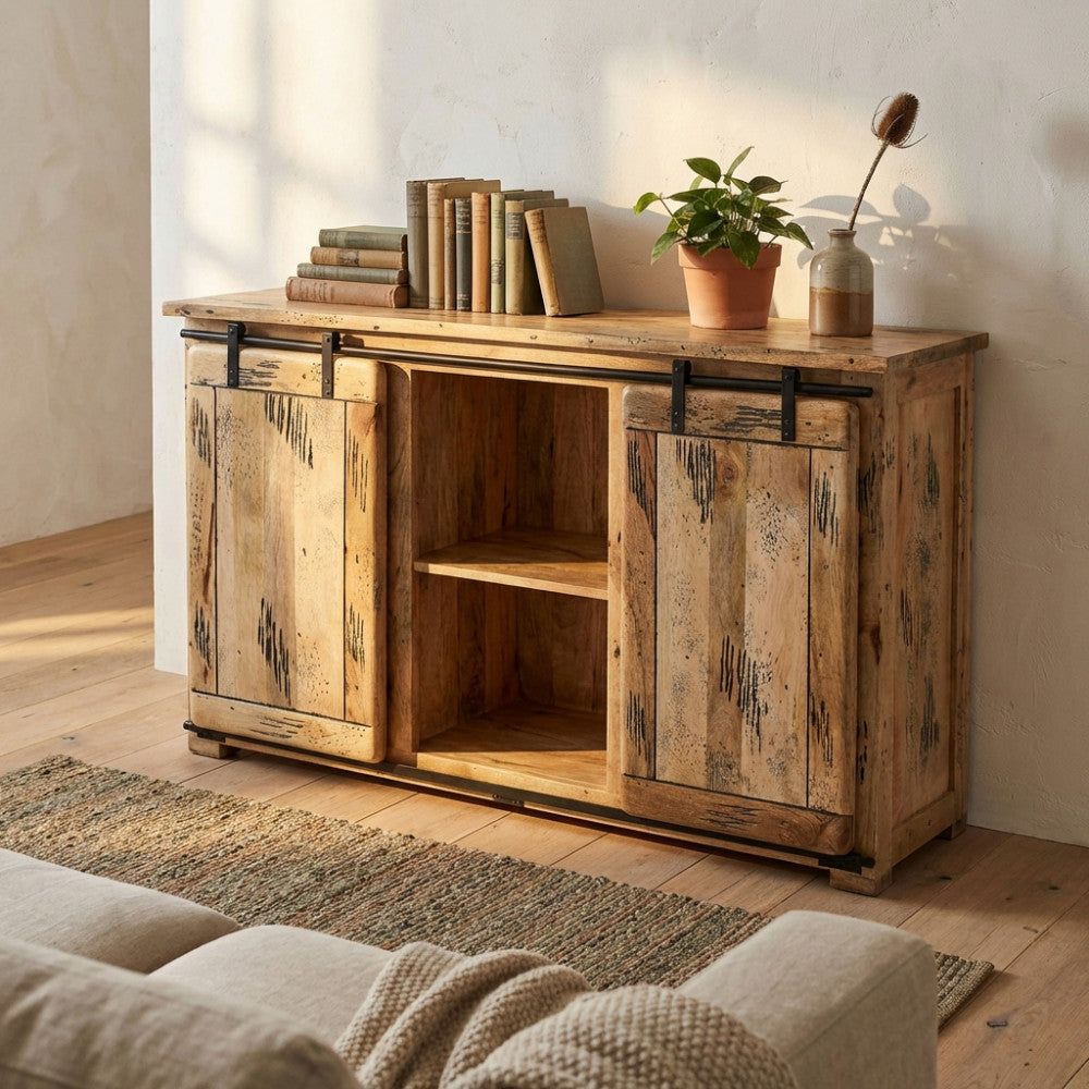 Vista frontale della credenza VERGIL in legno marrone con ante scorrevoli, ambientata in un soggiorno luminoso con decorazioni minimaliste.