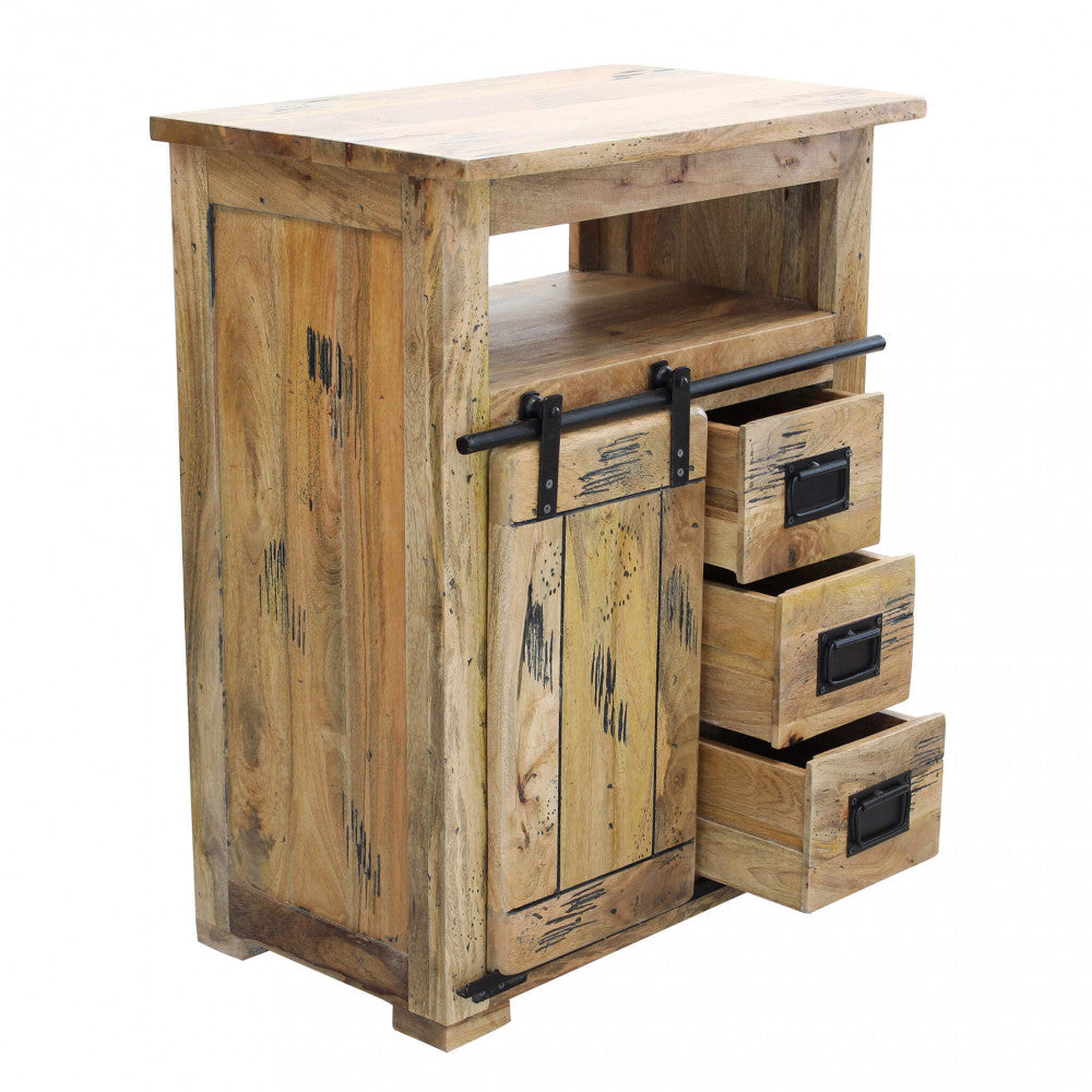 Prospettiva laterale della credenza con anta a sinistra e i tre cassetti aperti che mostrano la capienza interna.
