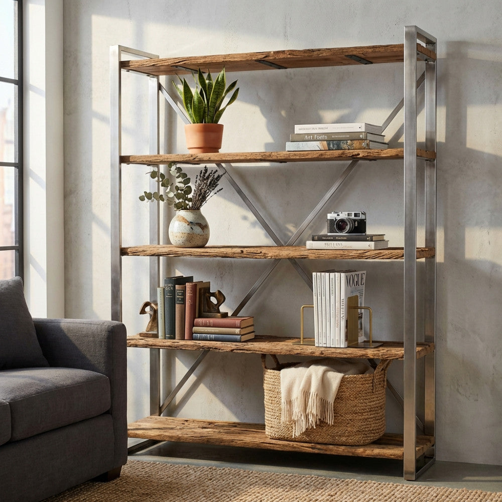 Libreria MOBILE ZEKE in legno riciclato marrone nero, ambientata in un salotto luminoso con divano grigio e decorazioni minimaliste.