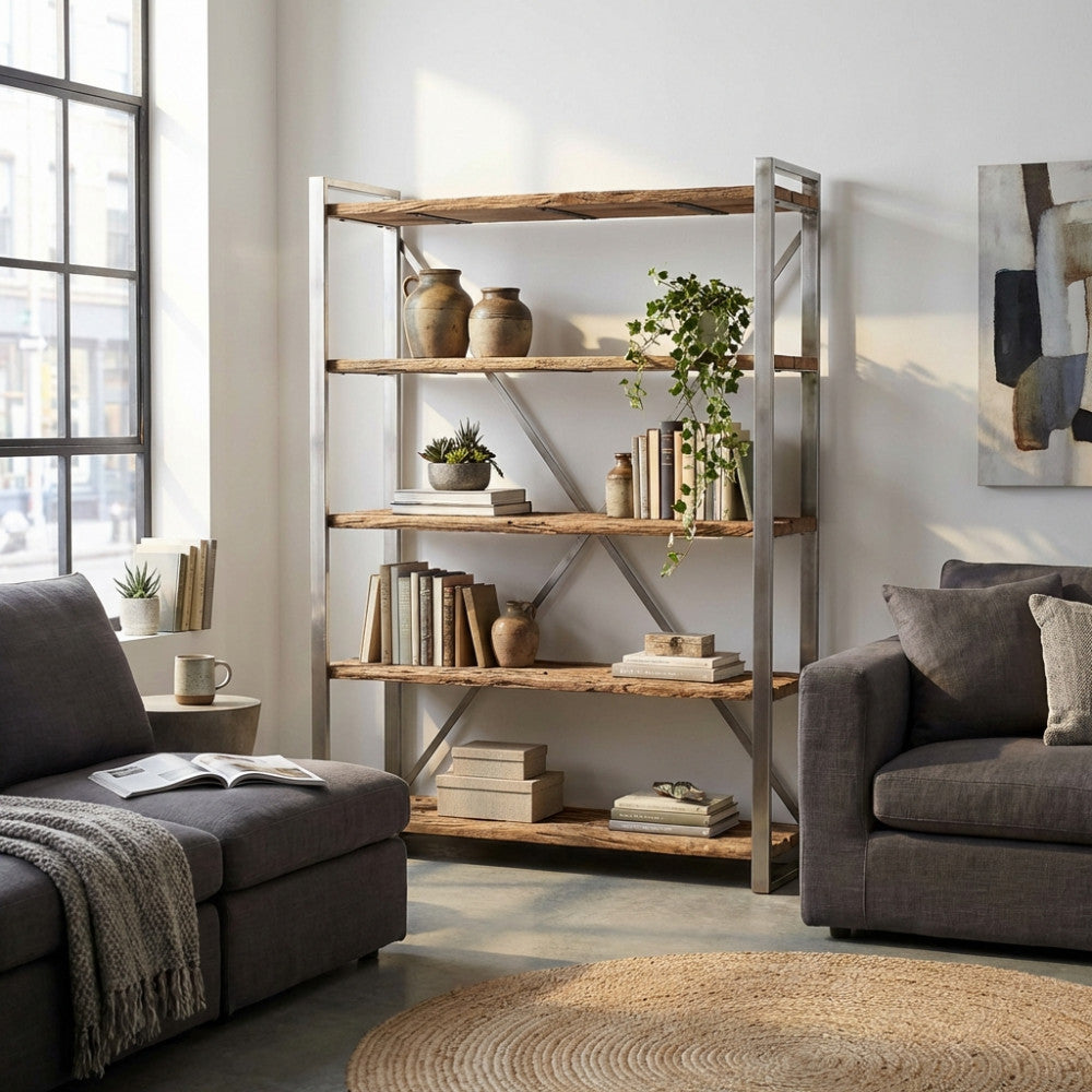 Vista frontale della libreria in legno riciclato e metallo, adornata con piante a cascata e vasi in ceramica in un ambiente living di lusso.
