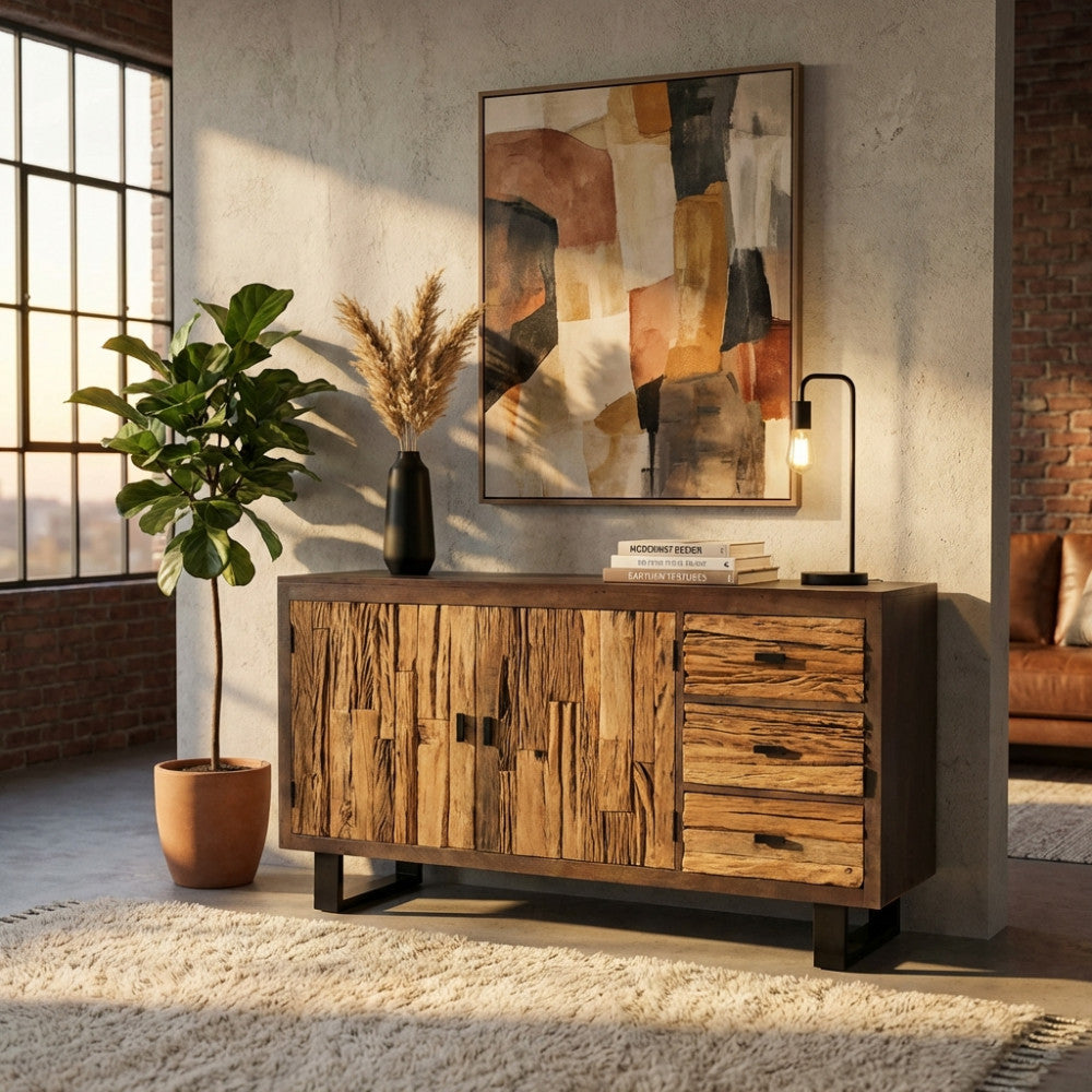 Vista frontale della credenza Zubin in mango e metallo in un loft industriale con pareti in mattoni