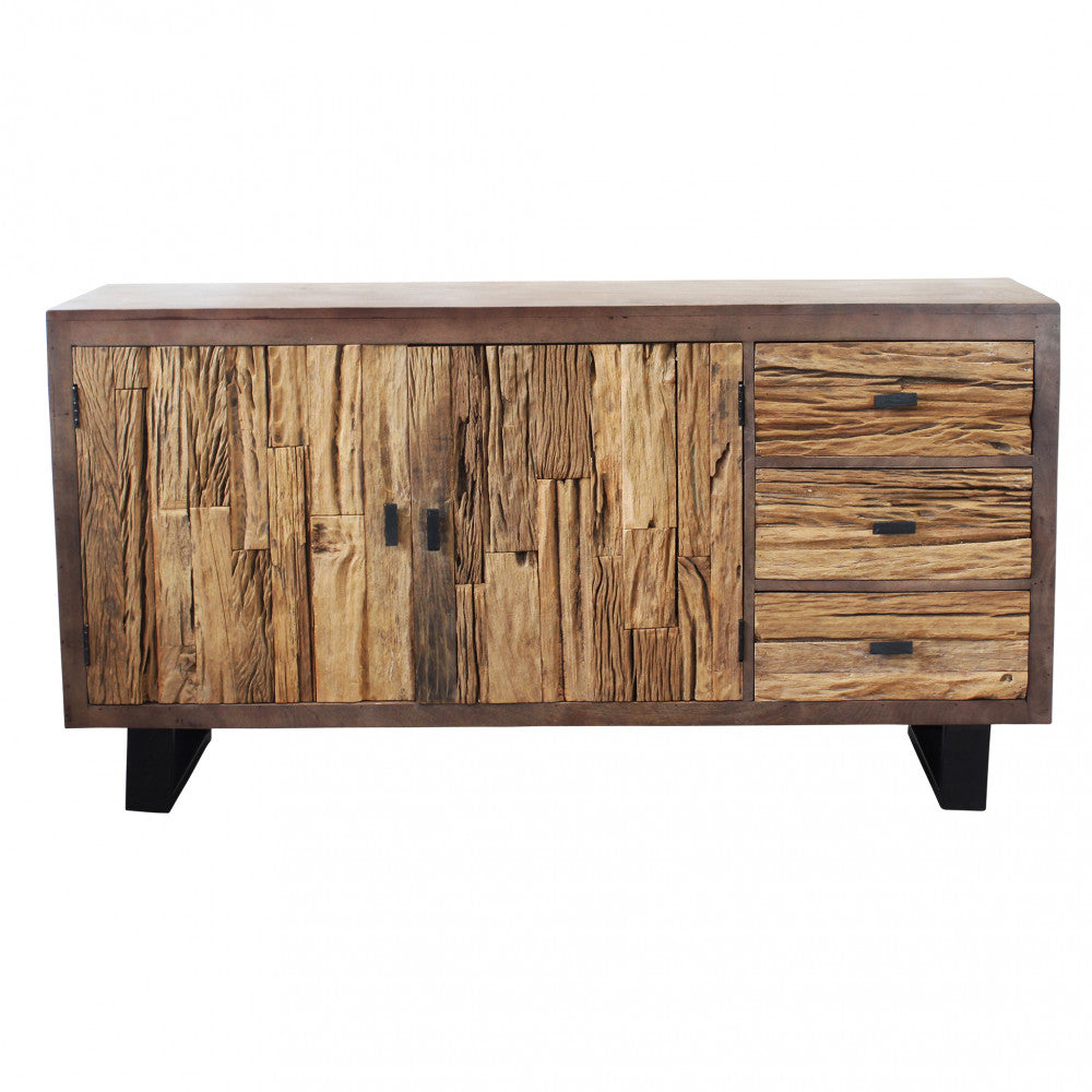 Dettaglio frontale della credenza Zubin che evidenzia la texture tridimensionale del legno di mango