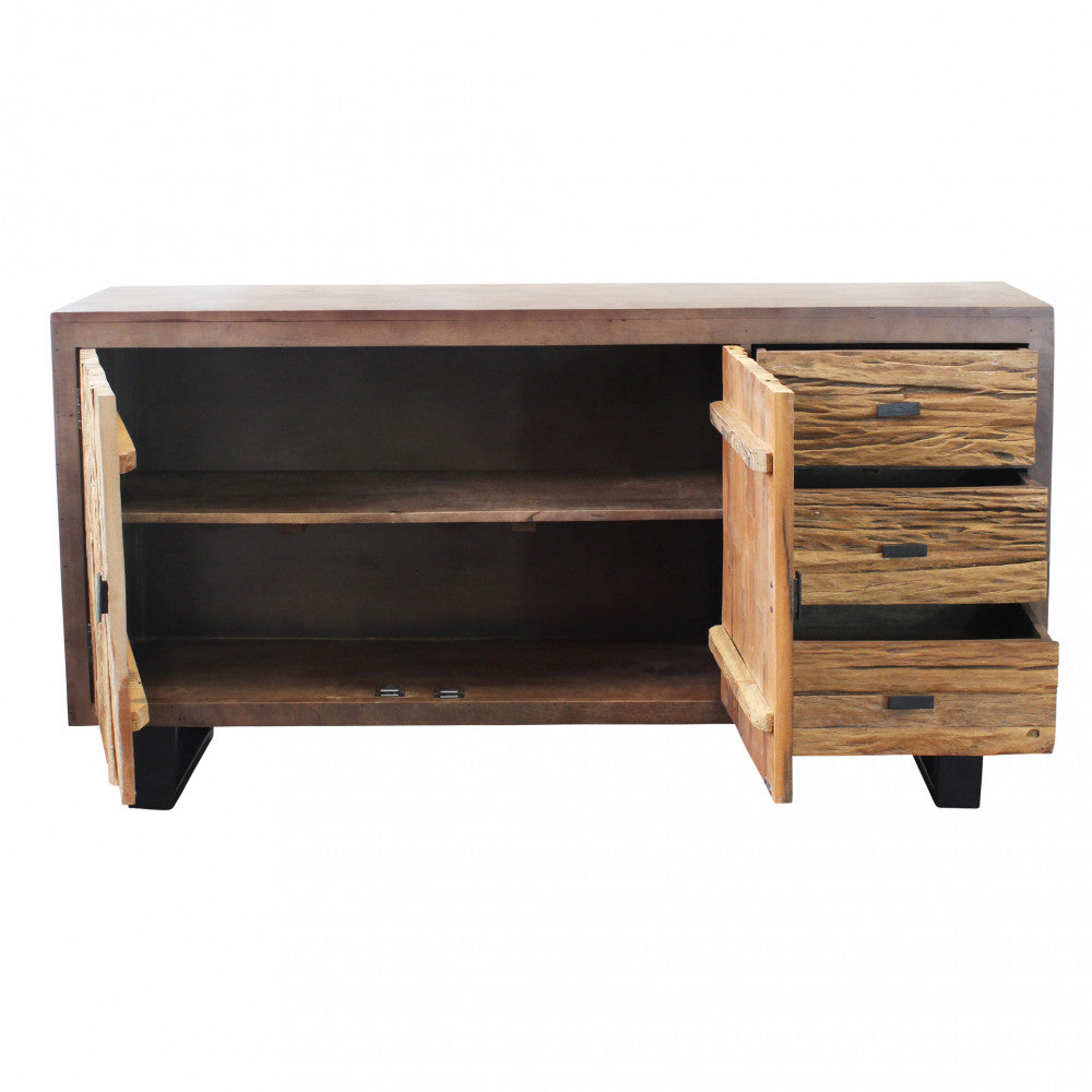 Credenza Zubin con anta destra e cassetti aperti rivelando l'ampio spazio di archiviazione