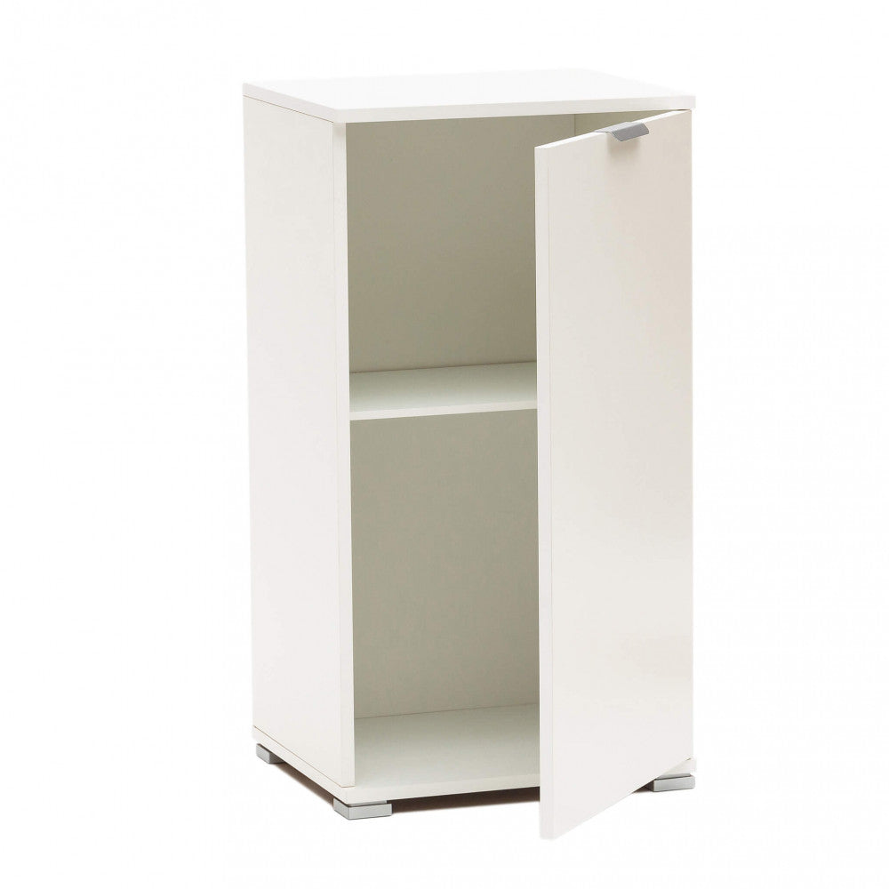 Mobiletto bianco aperto che rivela un ripiano interno divisorio, isolato su sfondo bianco.
