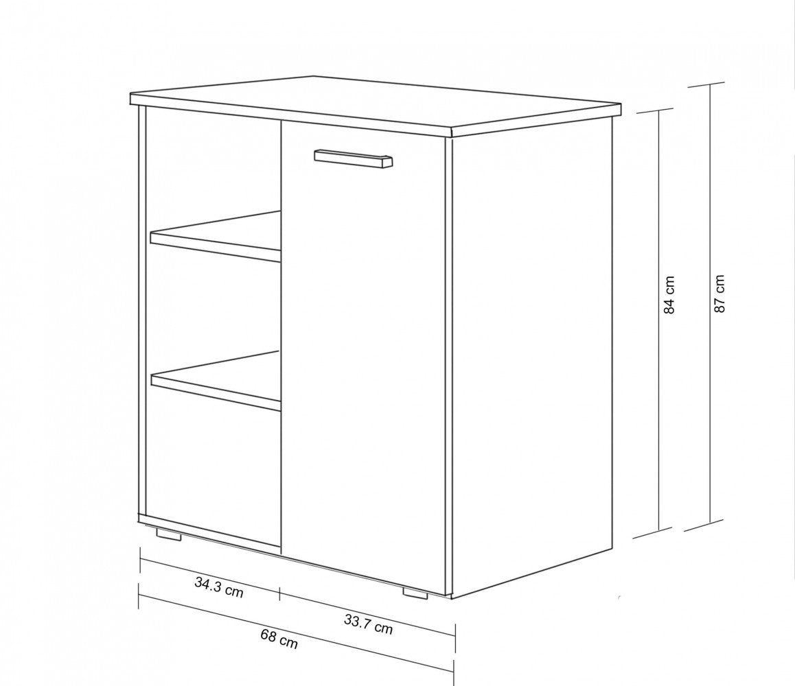 Disegno tecnico del mobiletto Mark con quote dimensionali: larghezza 68 cm e altezza 87 cm.
