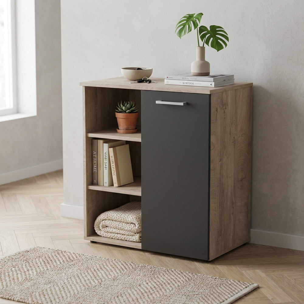 Credenza moderna con anta antracite e mensole a vista, decorata con libri e una pianta da interni.