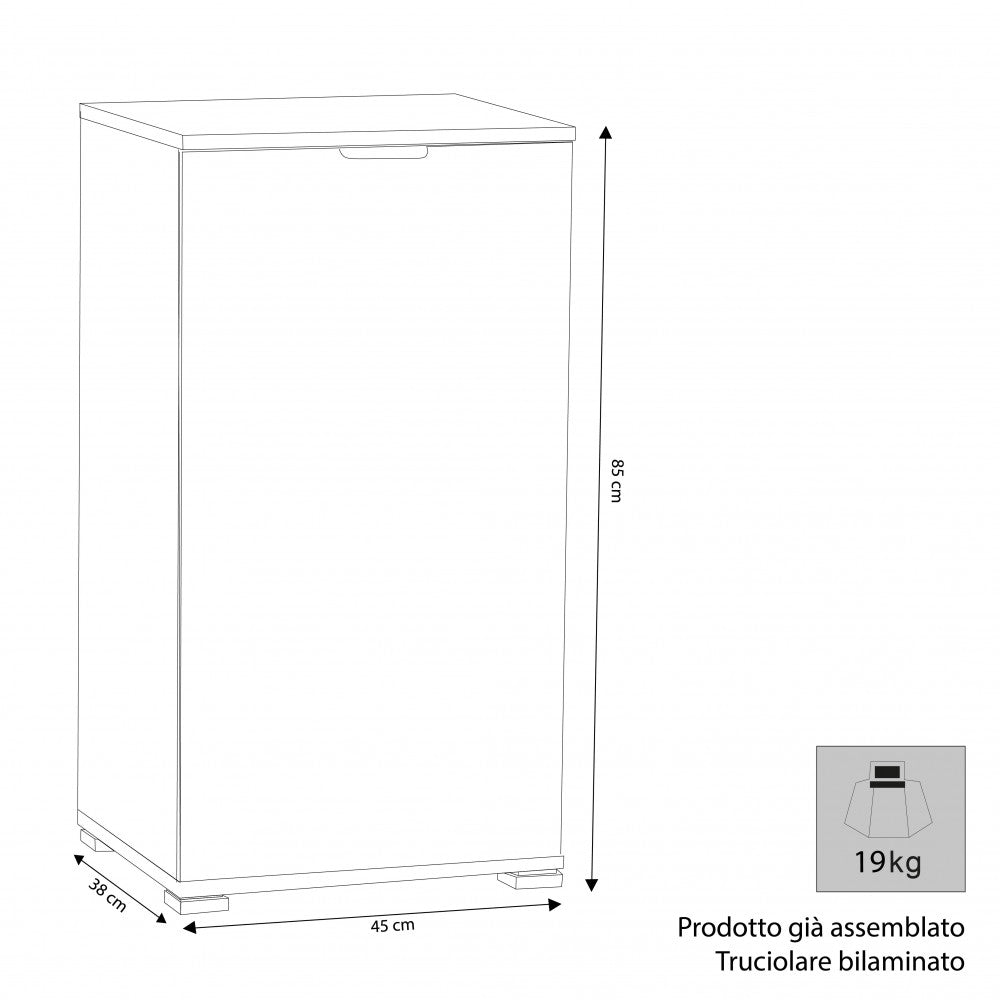 Disegno tecnico del mobiletto MR805072 con dimensioni 45x38x85 cm e indicazione di prodotto assemblato.