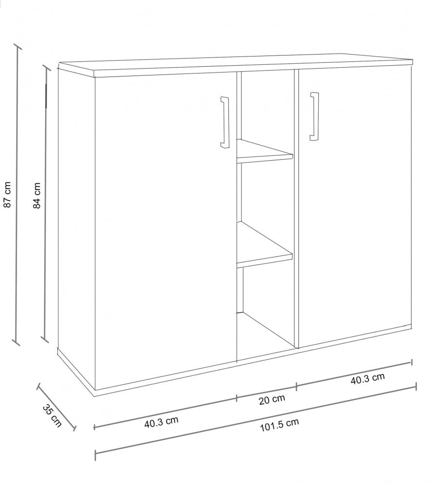 Disegno tecnico della credenza Frank con quote dimensionali dettagliate in centimetri.