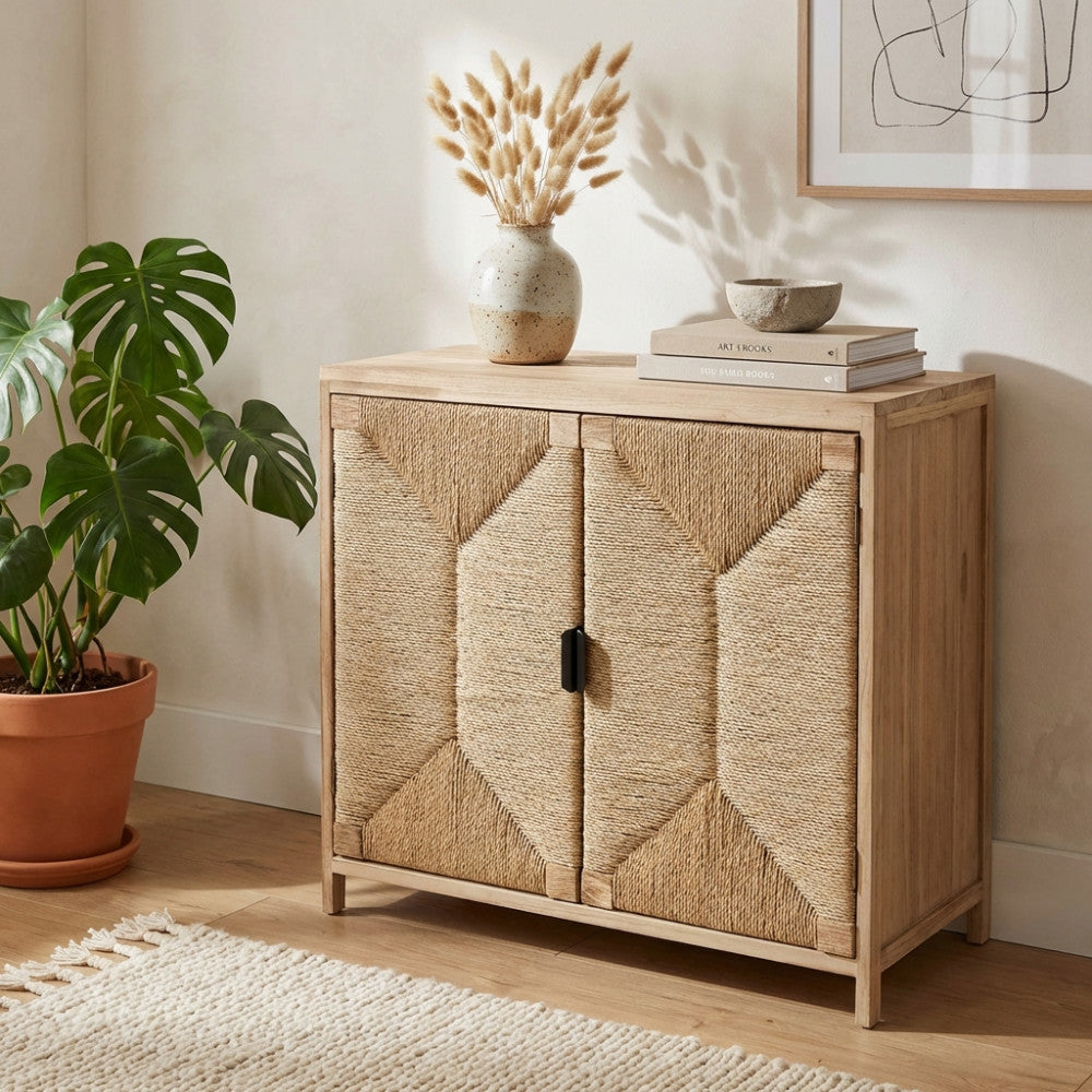 Mobiletto Carlos a due ante in legno di paulownia e corda intrecciata, ambientato in un salotto luminoso con vaso decorativo e pianta.