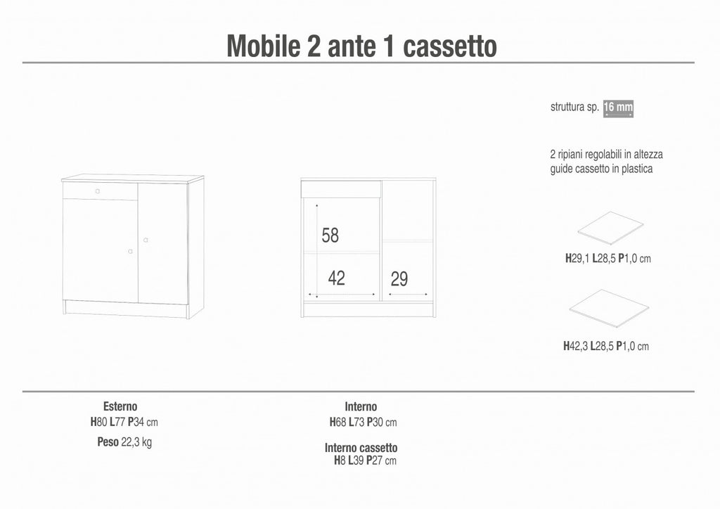 Mobiletto 2 Ante e 1 Cassetto in Kit Bianco Liscio - MG808871 - foto 4