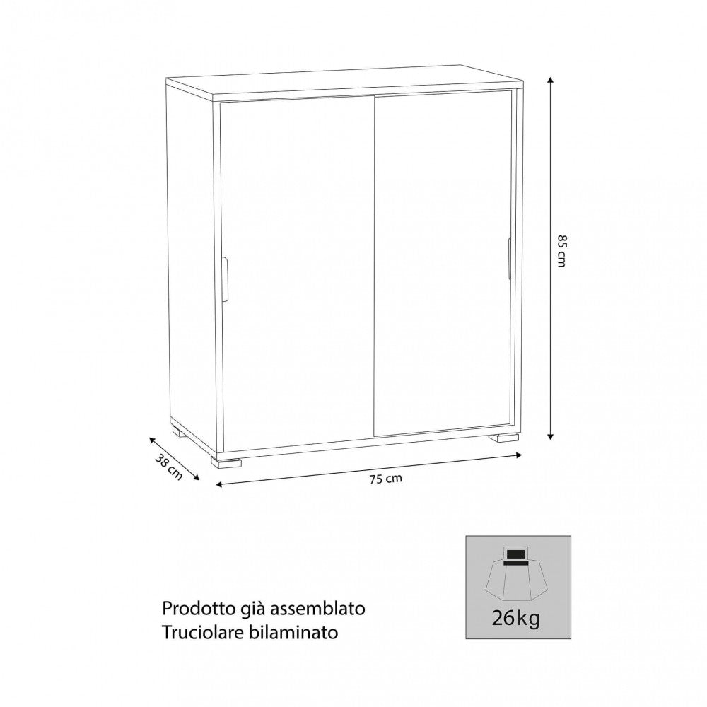 Disegno tecnico del mobiletto con dimensioni esplicite: 75 cm di larghezza, 38 cm di profondità e 85 cm di altezza, peso 26 kg.