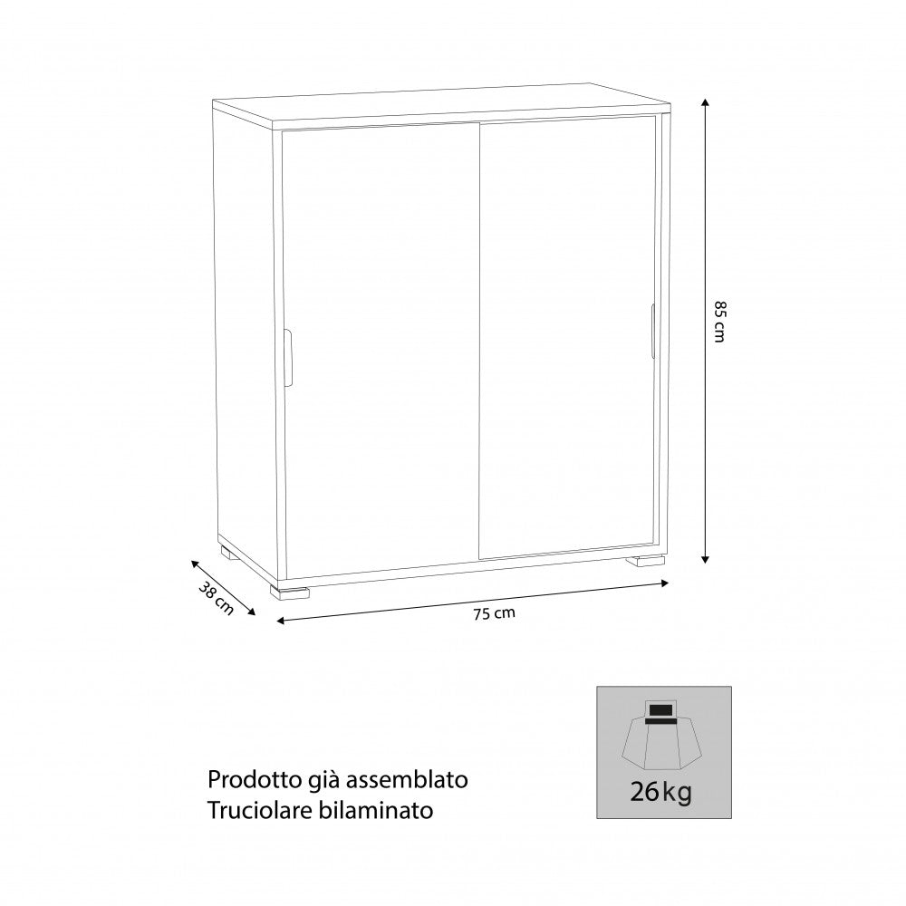 Disegno tecnico del mobiletto che illustra le dimensioni di 75 cm di larghezza, 38 cm di profondità, 85 cm di altezza e il peso di 26 kg.