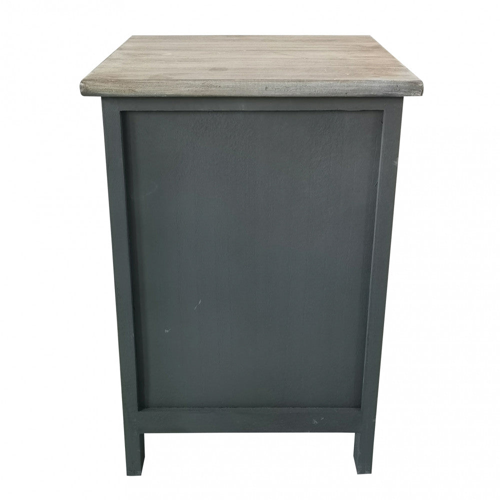 Vista posteriore del comodino in legno grigio, che evidenzia la solidità strutturale del pannello posteriore.