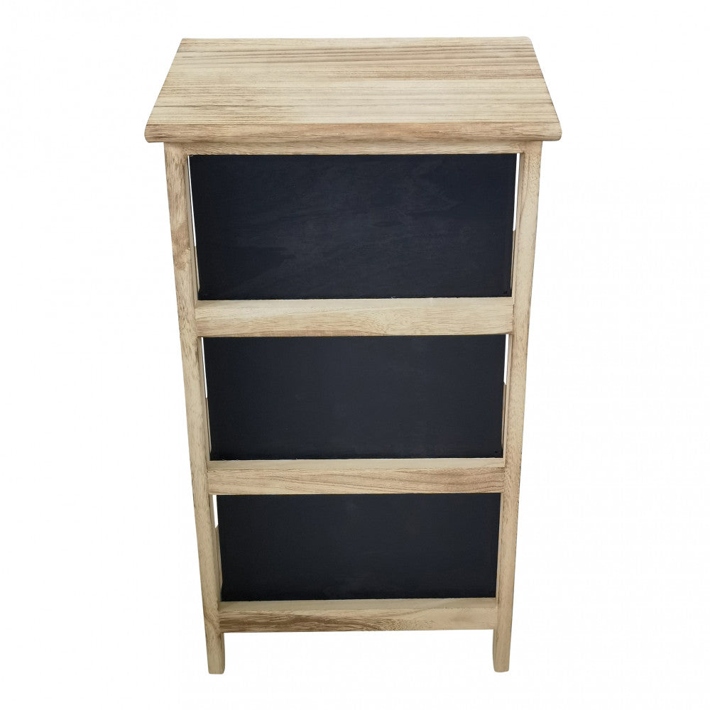 Vista posteriore del mobiletto Asier, con pannelli neri lisci incorniciati dal legno di rovere chiaro.