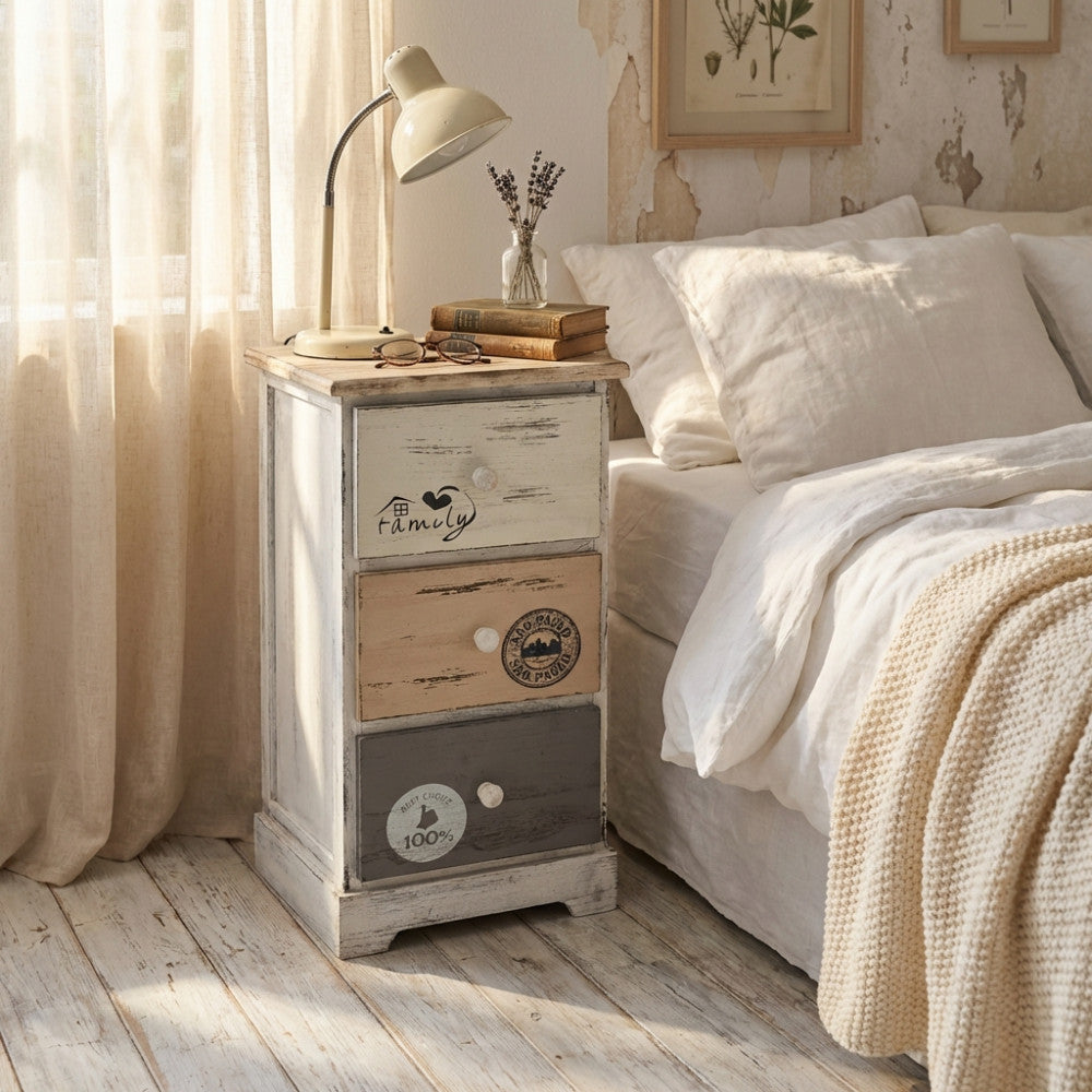 Comodino shabby chic Bartolome a tre cassetti ambientato in una camera da letto luminosa.