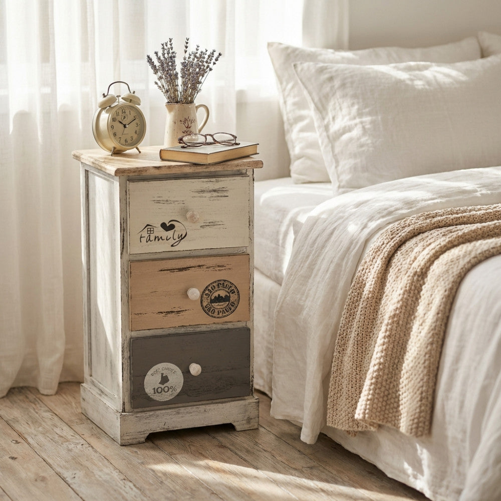 Dettaglio laterale del comodino Bartolome con cassetti decorati in grigio e marrone chiaro.