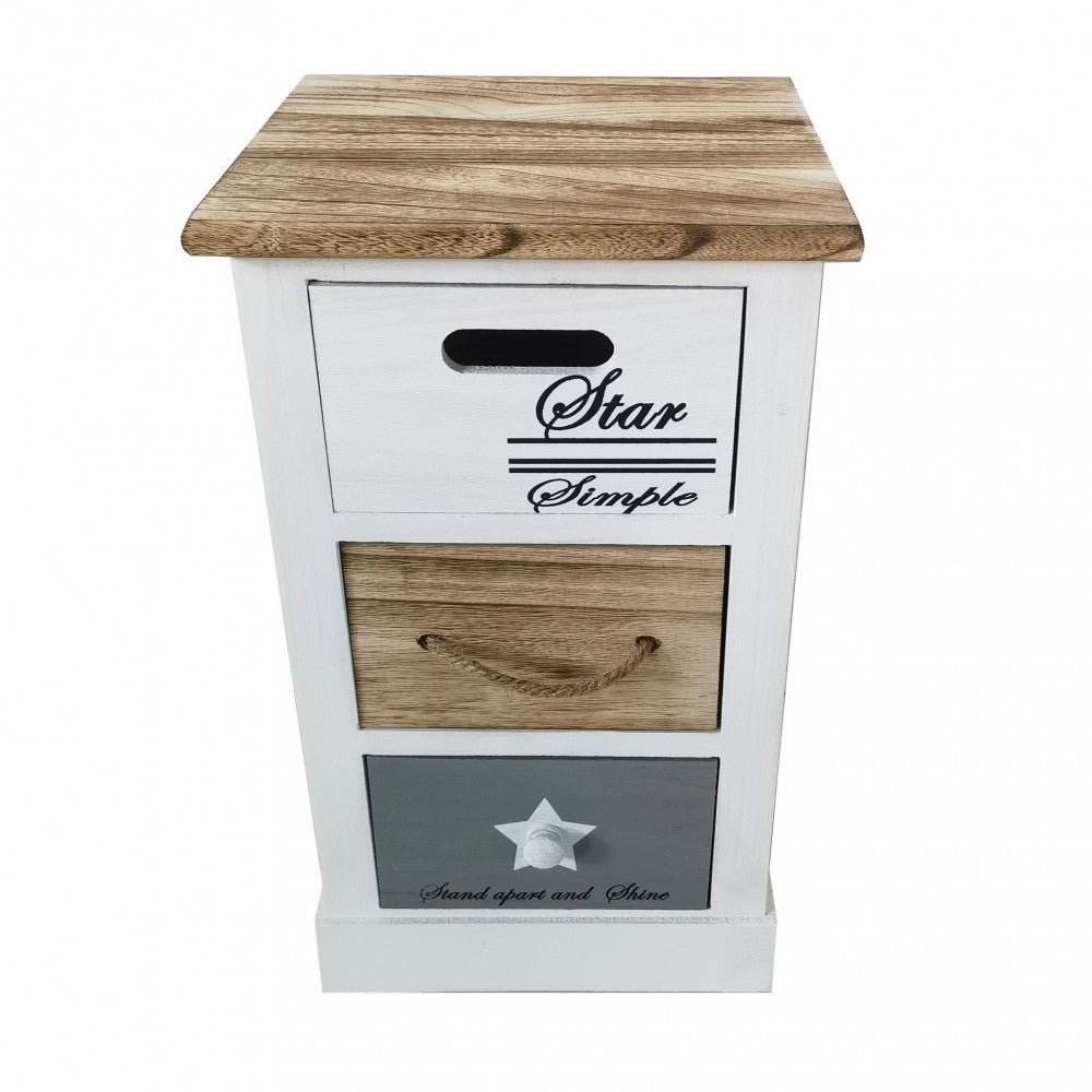 Vista frontale del mobiletto Blas a tre cassetti con finiture in legno bianco, naturale e grigio.