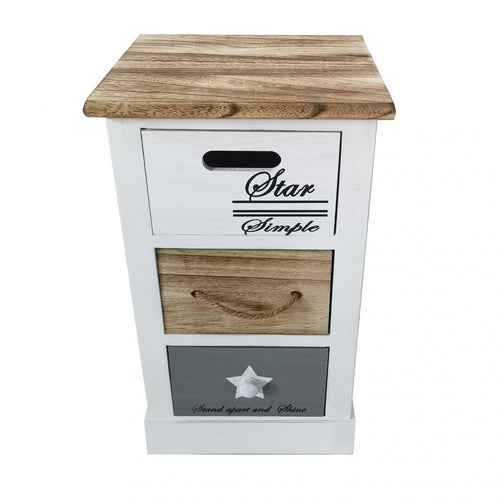 Vista frontale del mobiletto Blas a tre cassetti con finiture in legno bianco, naturale e grigio.