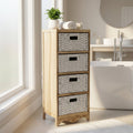 Mobiletto Adrian a 4 cassetti in legno di paulownia marrone chiaro, ambientato in un luminoso bagno dal design contemporaneo.