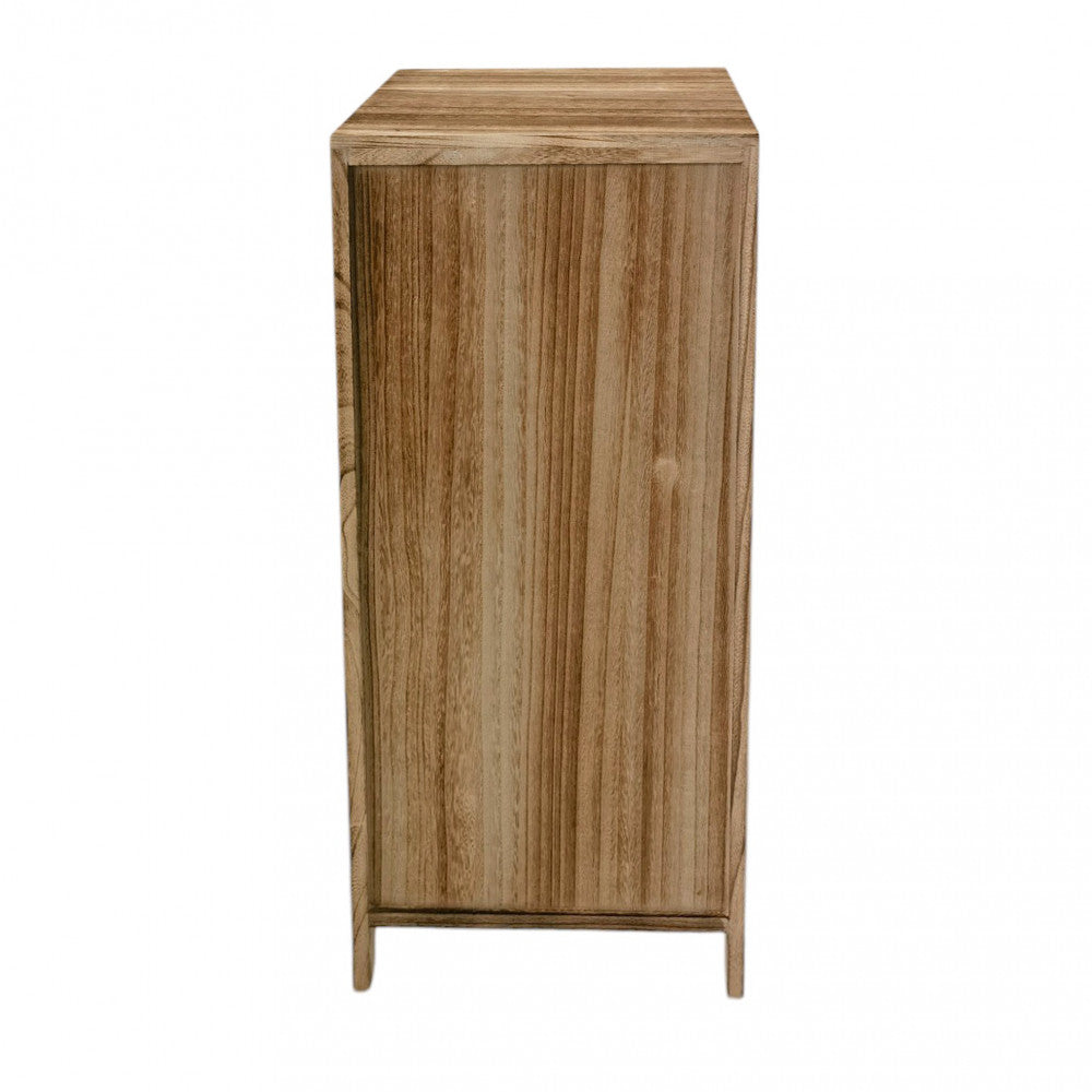 Vista posteriore del mobiletto in legno di paulownia, che evidenzia la solidità strutturale e le venature naturali del materiale.