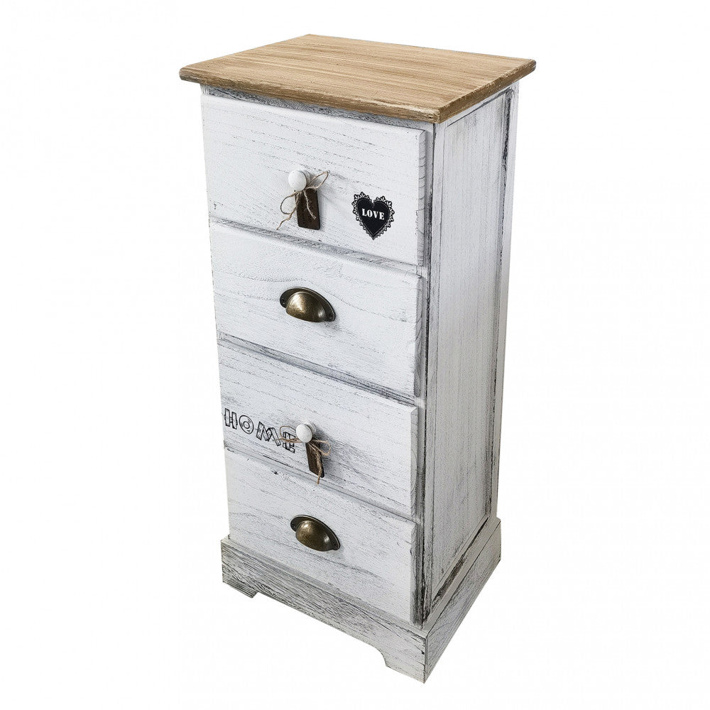 Prospettiva tridimensionale del mobiletto ANDER su sfondo bianco, che evidenzia il top in legno naturale e i quattro cassetti.