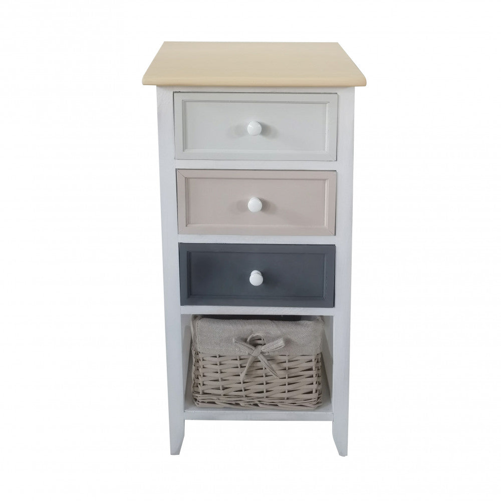 Prospettiva leggermente rialzata del mobiletto Andres su sfondo bianco, focalizzata sul top in legno naturale.