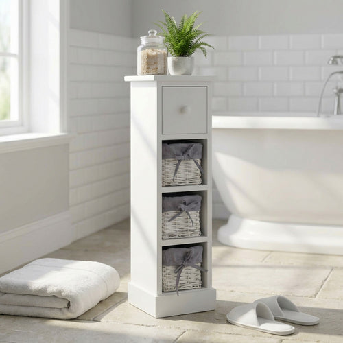 Dettaglio del mobiletto Angel con ceste in vimini e cassetto in legno in un ambiente bagno elegante.
