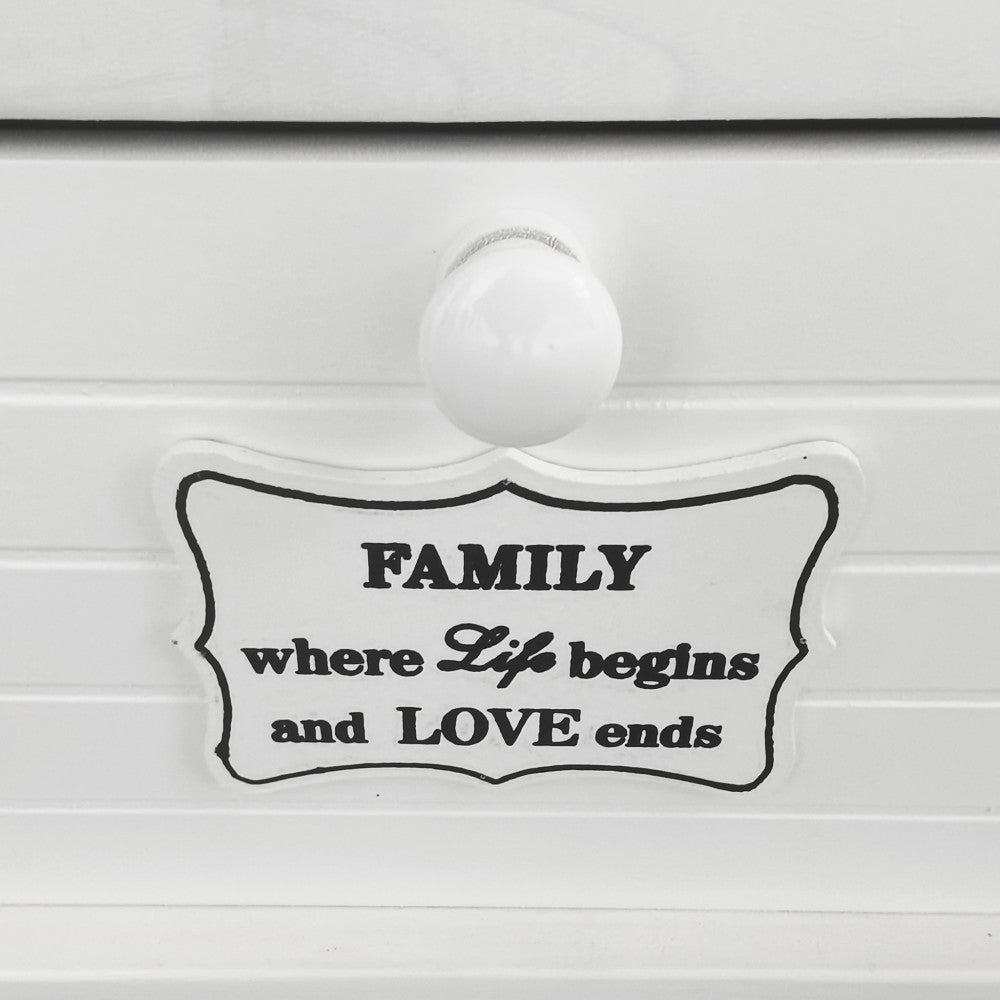 Primo piano del pomello bianco e della targa decorativa con scritta Family sul cassetto.