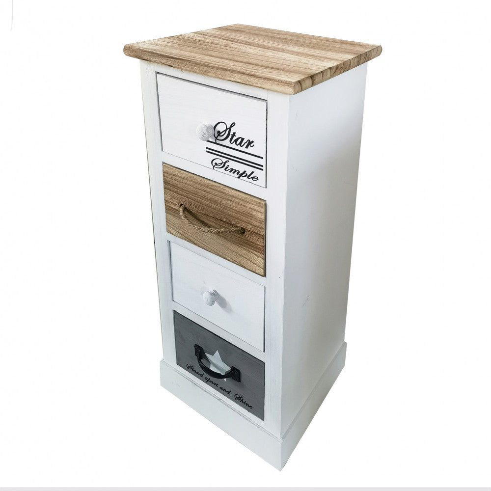Prospettiva dall'alto del mobiletto Blas, che mostra il top in legno naturale e i dettagli dei quattro cassetti decorati.