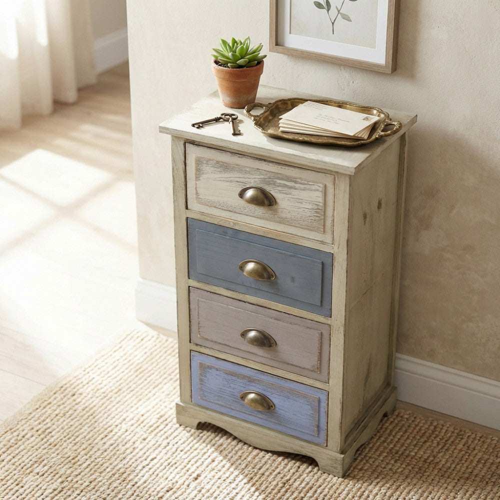 Dettaglio del comodino Chico grigio e turchese, decorato con una pianta succulenta e un vassoio in ottone.