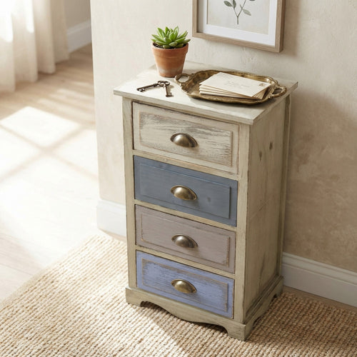 Dettaglio del comodino Chico grigio e turchese, decorato con una pianta succulenta e un vassoio in ottone.