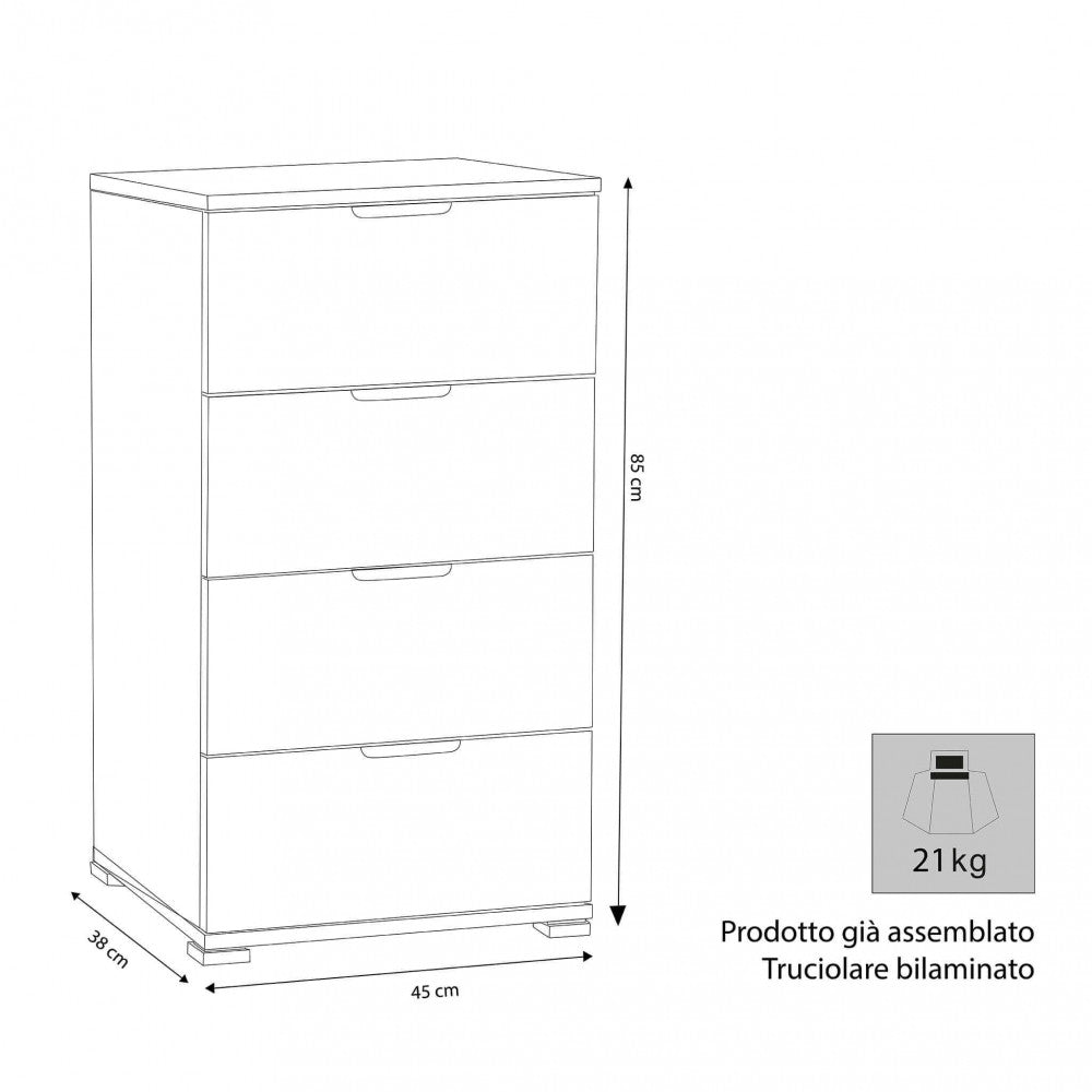 Disegno tecnico della cassettiera illustrando le dimensioni esatte di 45 cm di larghezza, 38 cm di profondità e 85 cm di altezza.