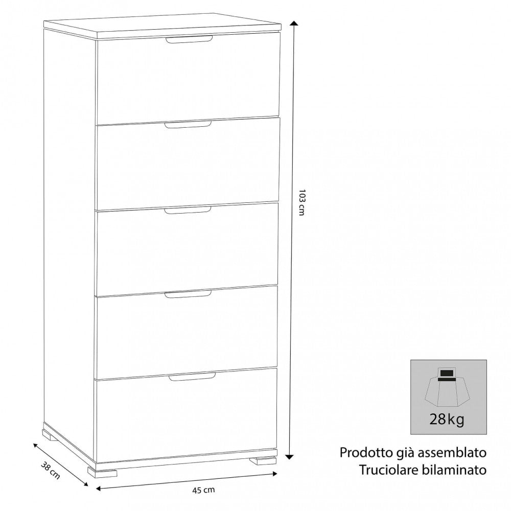 Disegno tecnico della cassettiera con quote dimensionali di 45x38x103 cm e indicazione del peso di 28 kg.