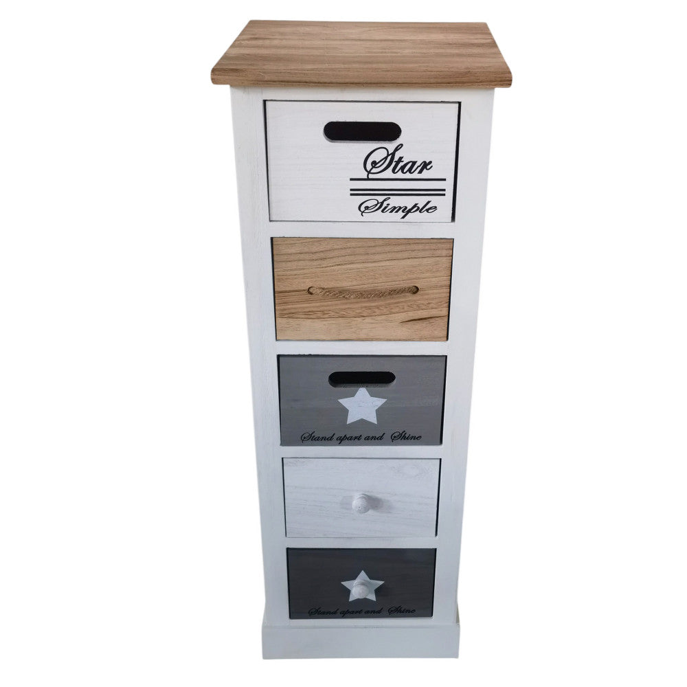 Vista frontale del mobiletto Blas che mostra i cinque cassetti decorati con stelle e scritte.