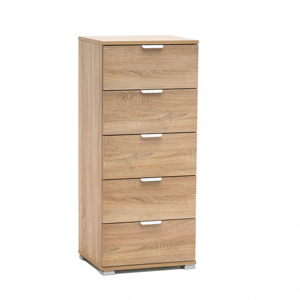 Prospettiva frontale della cassettiera a cinque cassetti isolata su sfondo bianco, che evidenzia la texture del legno e le maniglie minimaliste.