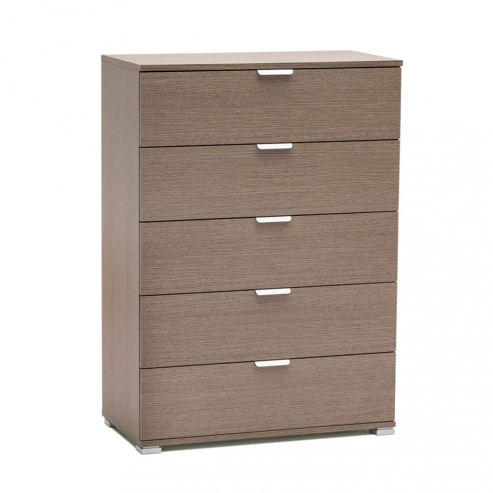 Vista frontale angolata della cassettiera in truciolare bilaminato rovere grigio con cassetti chiusi e maniglie minimaliste.